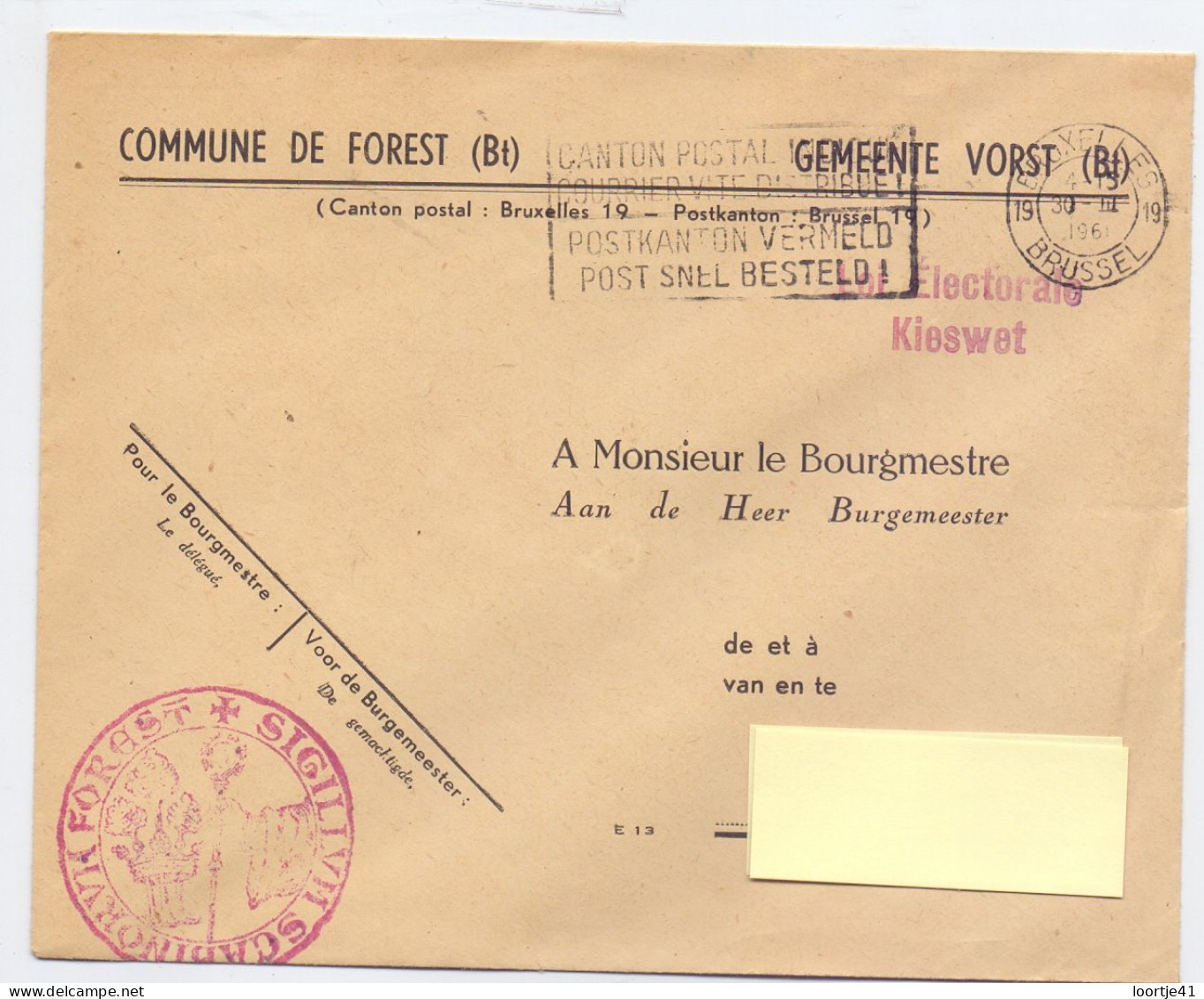 Omslag Enveloppe - Gemeentebestuur Vorst - Forest - 1961 - Briefe