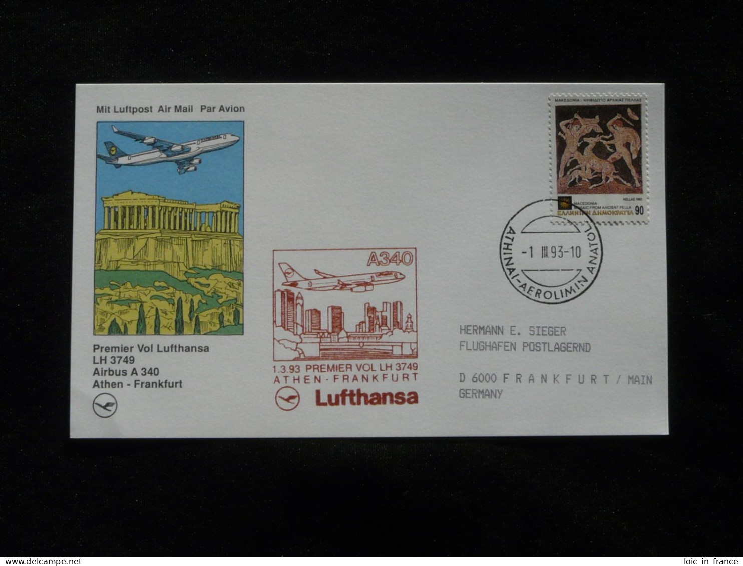 Lettre Premier Vol First Flight Cover Athens Frankfurt Airbus A340 Lufthansa 1993 - Covers & Documents