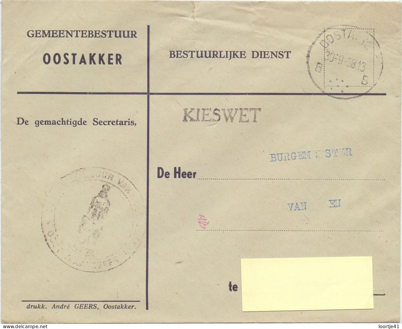 Omslag Enveloppe - Gemeentebestuur Oostakker - 1958 - Covers