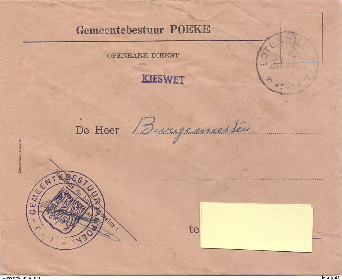 Omslag Enveloppe - Gemeentebestuur Poeke - Stempel Lotenhulle - 1958 - Briefe