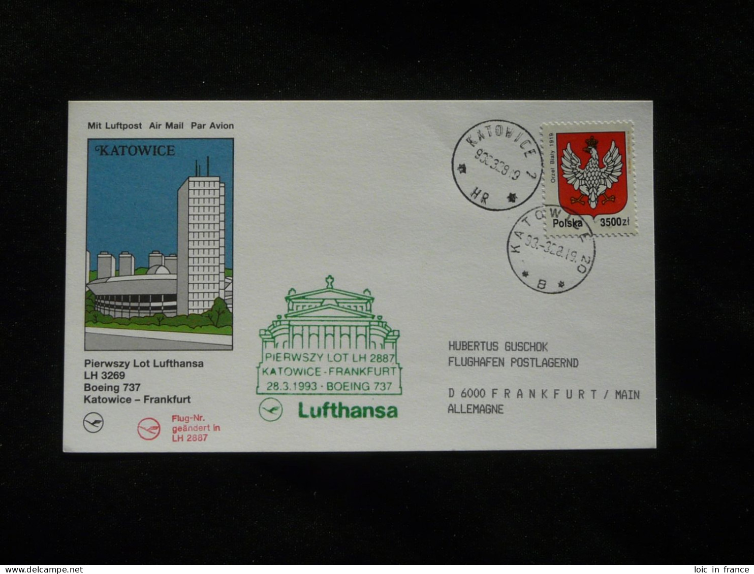 Lettre Premier Vol First Flight Cover Katowice Poland To Frankfurt Boeing 737 Lufthansa 1993 - Lettres & Documents