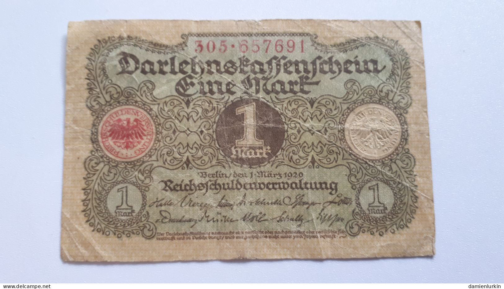 ALLEMAGNE GERMANY DEUTSCHLAND DARLEHNSKASSENSCHEIN 1 MARK 1920-03-01 1 MARS 1920 P-58a.3 - Imperial Debt Administration