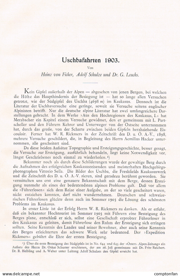 663 Heinz Von Ficker Uschba Kaukasus Georgien Artikel Von 1904 !! - Autres & Non Classés