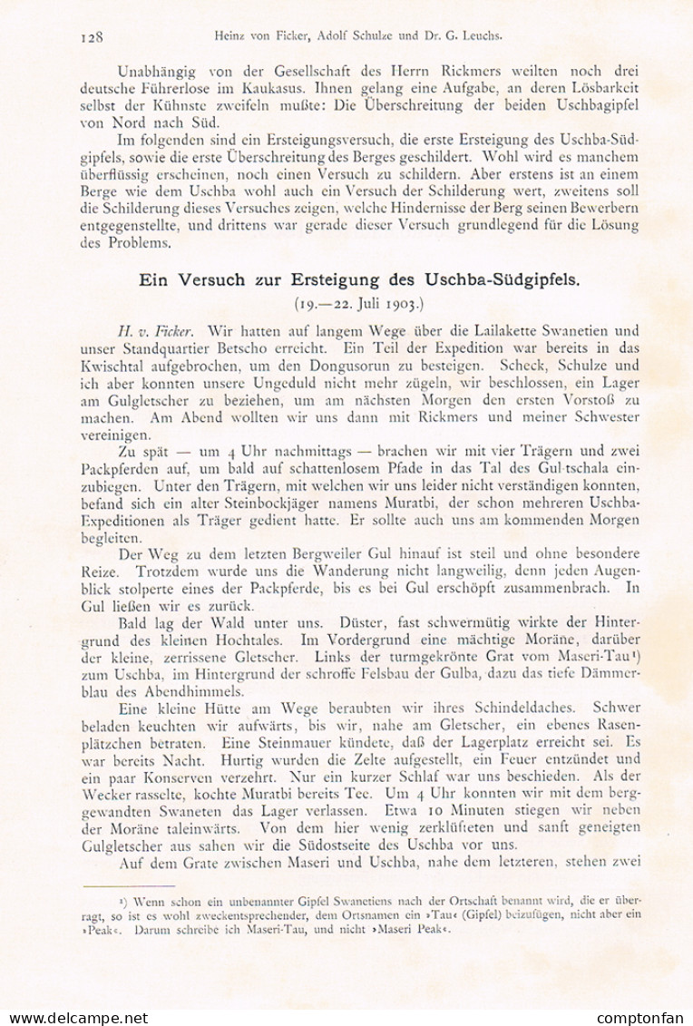 663 Heinz Von Ficker Uschba Kaukasus Georgien Artikel Von 1904 !! - Autres & Non Classés