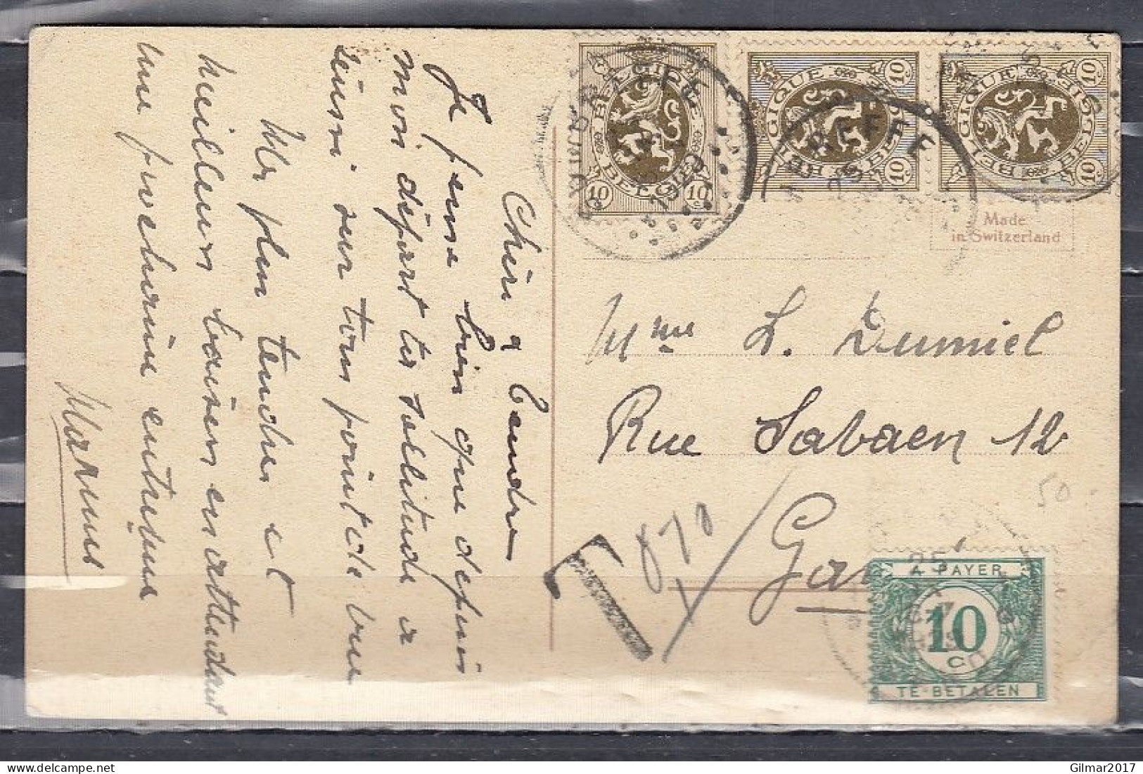 Postkaart Van Sombreffe Naar Gand Met Taksstempel - Lettres & Documents