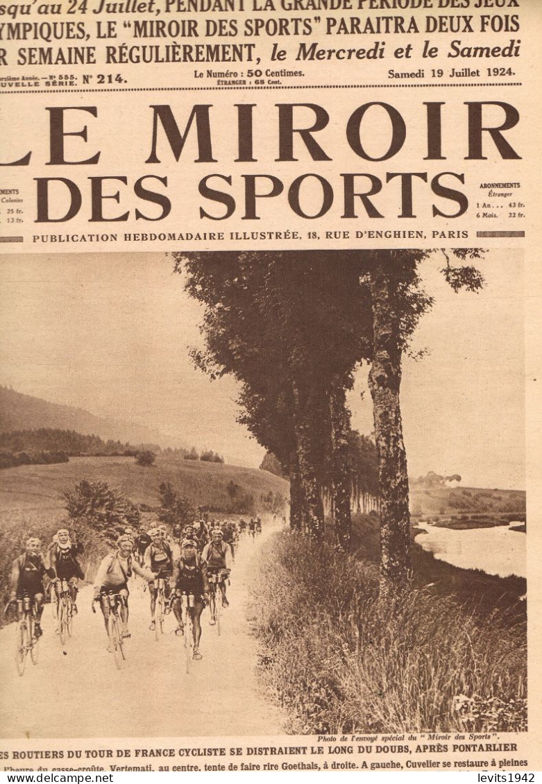 JEUX OLYMPIQUES 1924  - NATATION  - REVUE - MIROIR DES SPORTS - 19-07-1924 - CYCLISME - TOUR DE FRANCE - - Other & Unclassified
