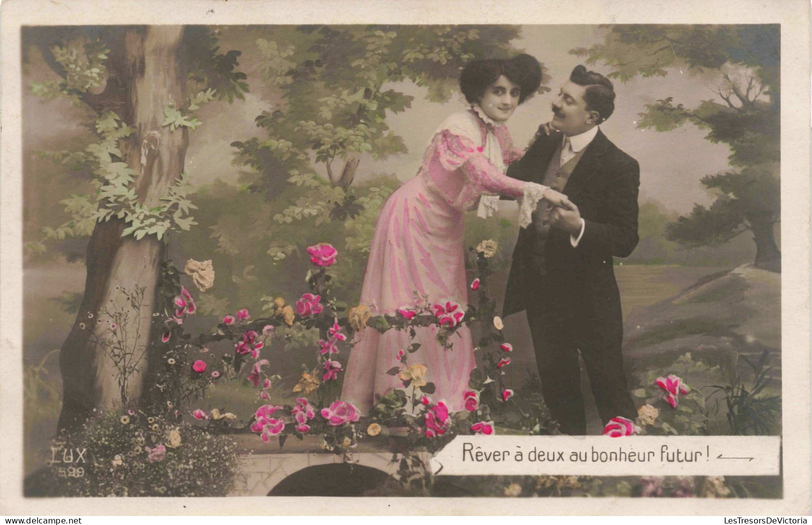FANTAISIE - Femme - Homme - Fleurs - Rêver à Deux Au Bonheur Futur ! - Carte Postale Ancienne - Other & Unclassified