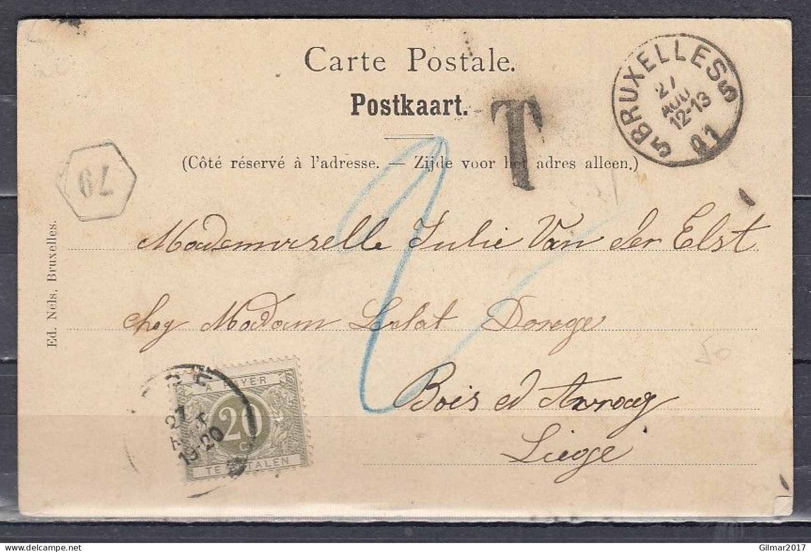 Postkaart Van Bruxelles 5 Naar Liege Met Taksstempel - Lettres & Documents