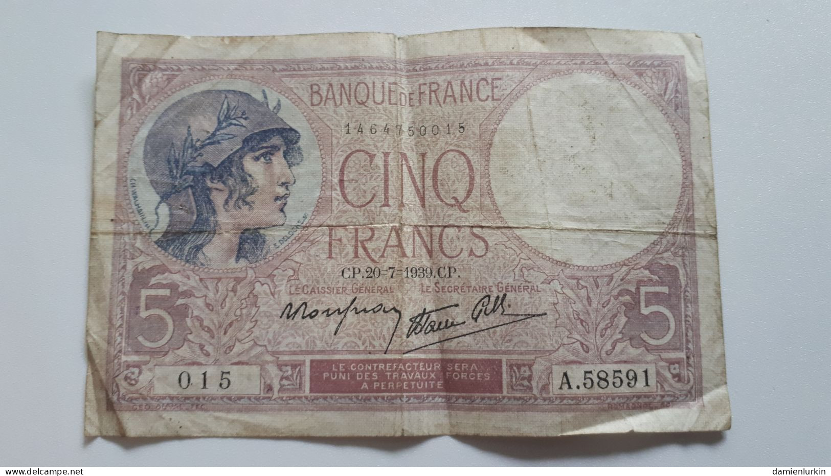 FRANCE 5 FRANCS 20=7=1939 P-83a.2 - 5 F 1917-1940 ''Violet''