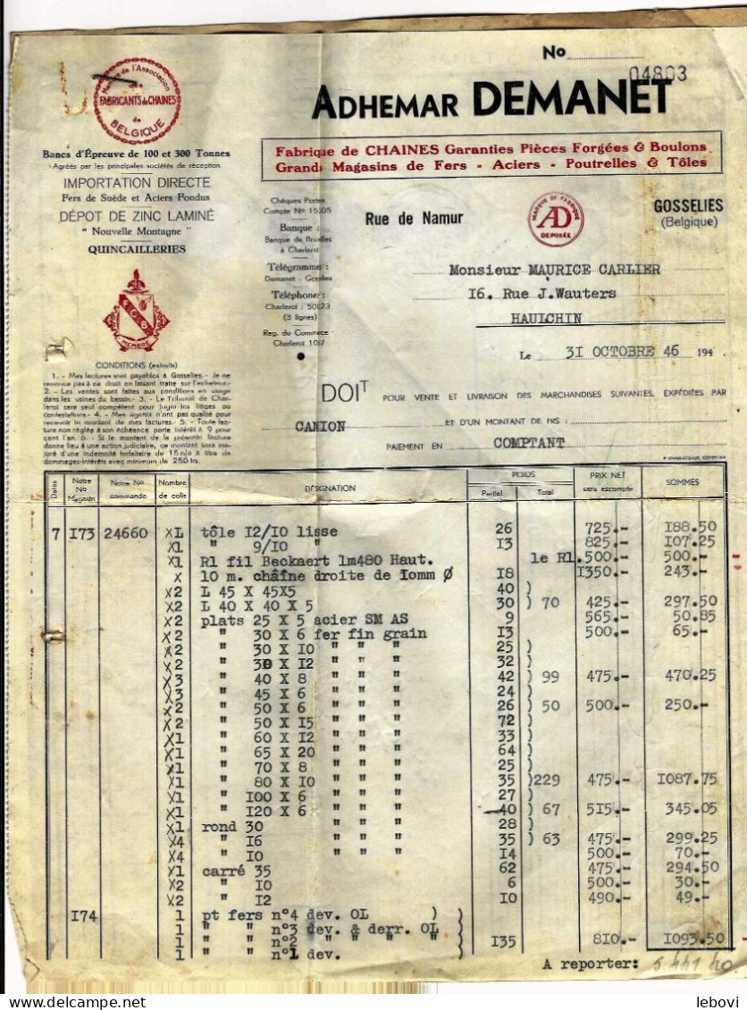 (GOSSELIES) Ets Adhémar Demanet Produits Métallurgiques – Facture (1946) - 1950 - ...