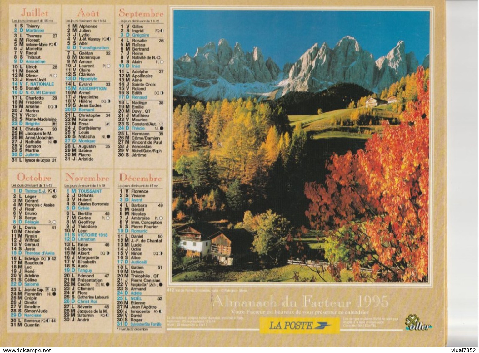 Calendrier-Almanach Des P.T.T 1995 -Oberhaufen-Val De Funes-Département AIN-01-Référence 412 - Big : 1991-00