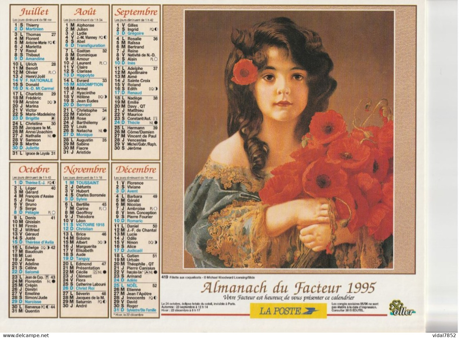 Calendrier-Almanach Des P.T.T 1995 -Fillettes Et Colley - Fillette Aux Coquelicots-Département AIN-01-Référence 419 - Grossformat : 1991-00