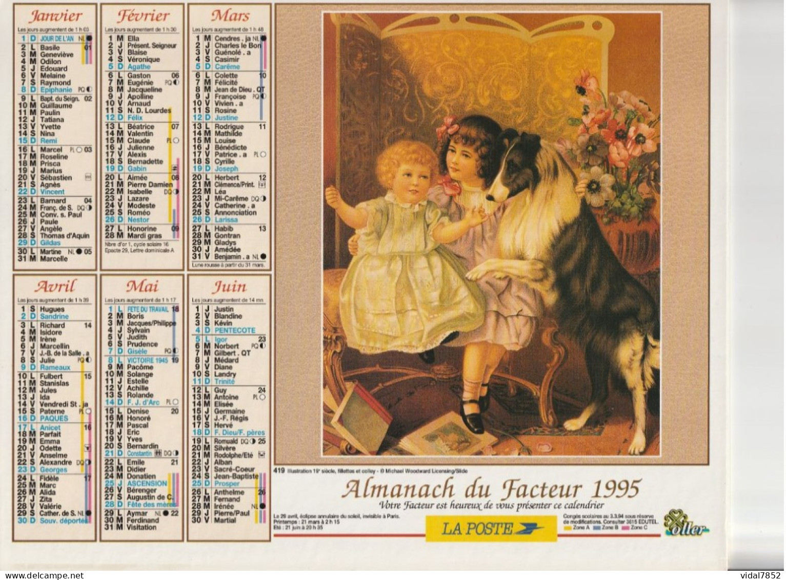 Calendrier-Almanach Des P.T.T 1995 -Fillettes Et Colley - Fillette Aux Coquelicots-Département AIN-01-Référence 419 - Big : 1991-00