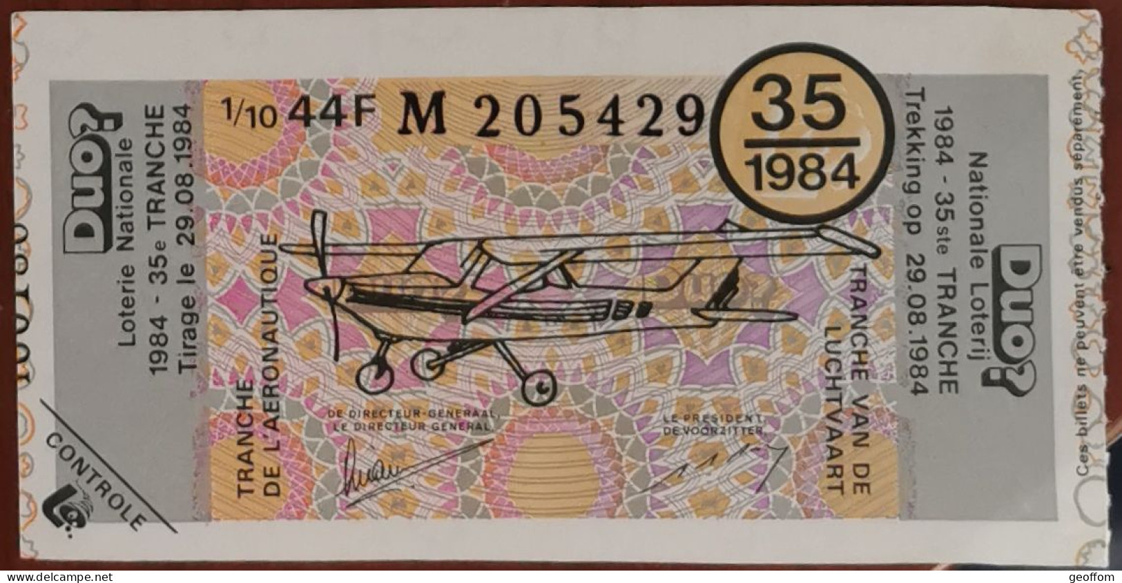 Billet De Loterie Nationale Belgique 1984 35e Tranche De L'Aéronautique - 29-8-1984 - Billetes De Lotería