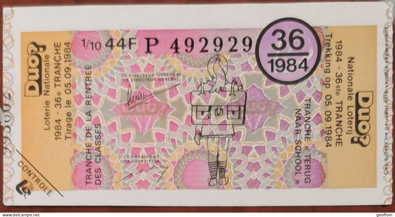 Billet De Loterie Nationale Belgique 1984 36e Tranche De La Rentrée Des Classes  5-9-1984 - Billetes De Lotería
