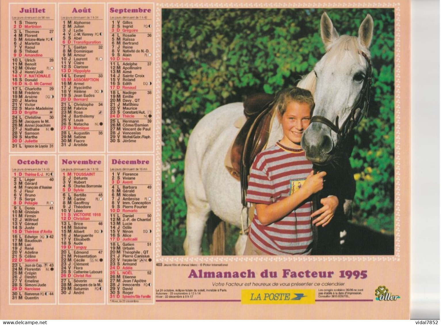 Calendrier-Almanach Des P.T.T 1995 -Fillette Et Labrador- Fillette Et Cheval Blanc-Département AIN-01-Référence 403 - Grossformat : 1991-00