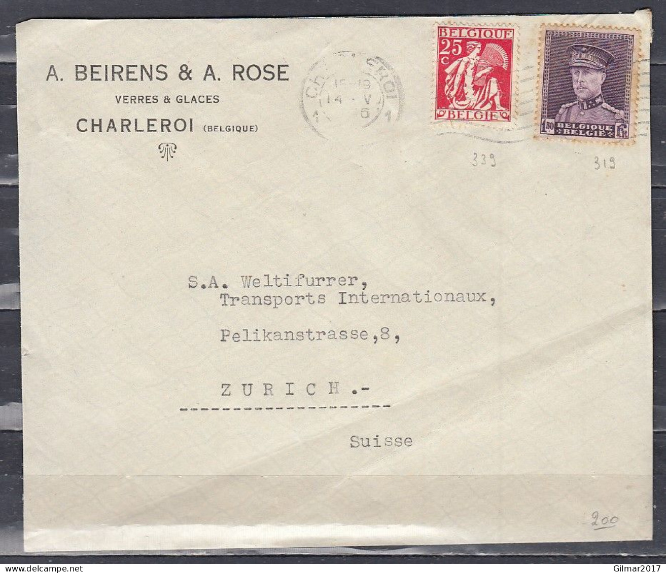 Brief Van Charleroi Naar Zurich (Zwitserland) - 1931-1934 Quepis