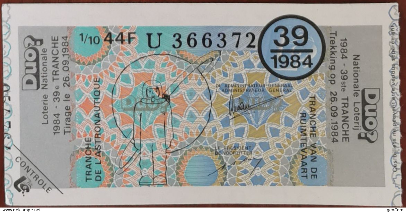 Billet De Loterie Nationale Belgique 1984 39e Tranche De L'Astronautique - 26-9-1984 - Billetes De Lotería