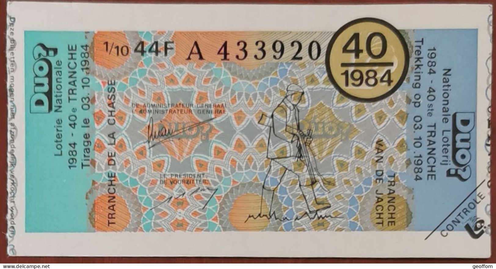 Billet De Loterie Nationale Belgique 1984 40e Tranche De La Chasse - 3-10-1984 - Billetes De Lotería