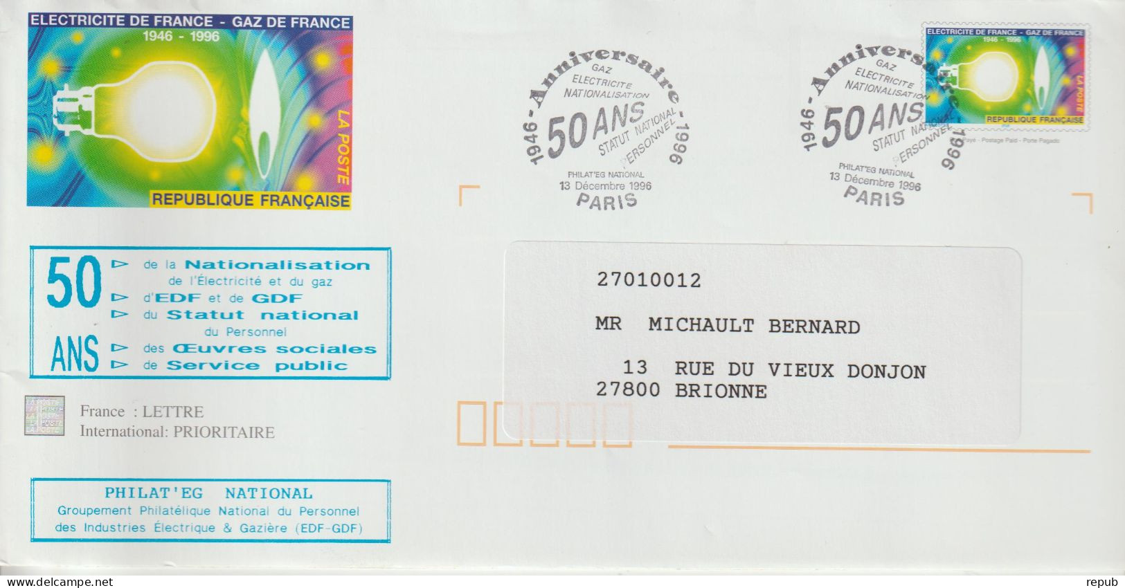 France PAP EDF Repiqué Philat'eg Oblit.1er Jour 1996 - PAP : Altri (1995-...)