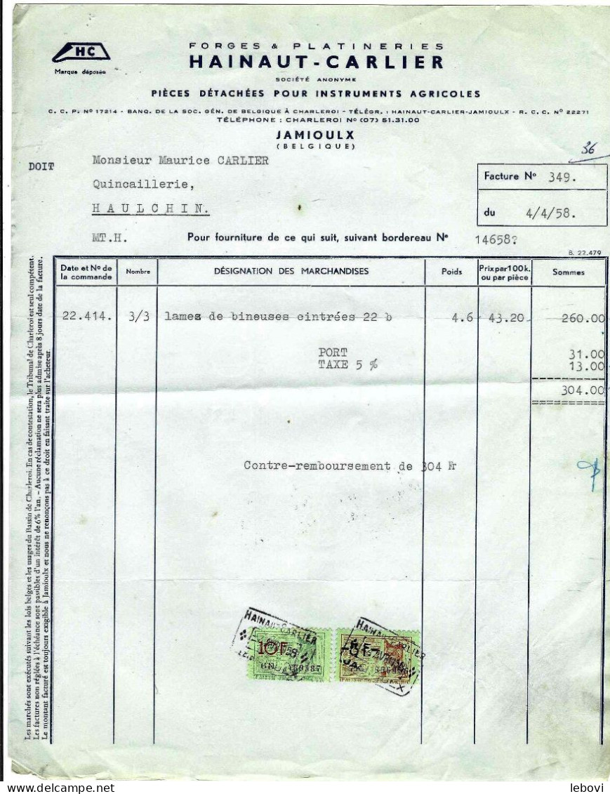 (JAMIOULX) Ets HAINAUT – CARLIER – Forges Et Platineries – Lot De 2 Factures (1951) - 1950 - ...