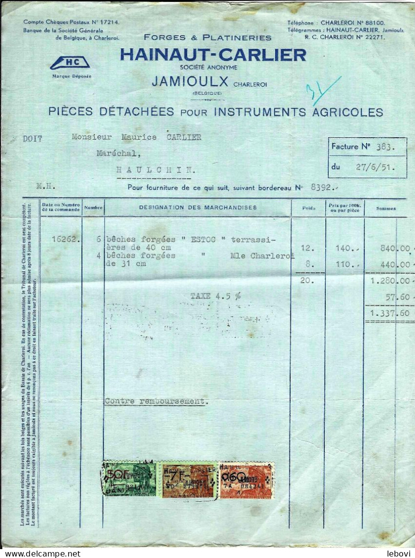 (JAMIOULX) Ets HAINAUT – CARLIER – Forges Et Platineries – Lot De 2 Factures (1951) - 1950 - ...