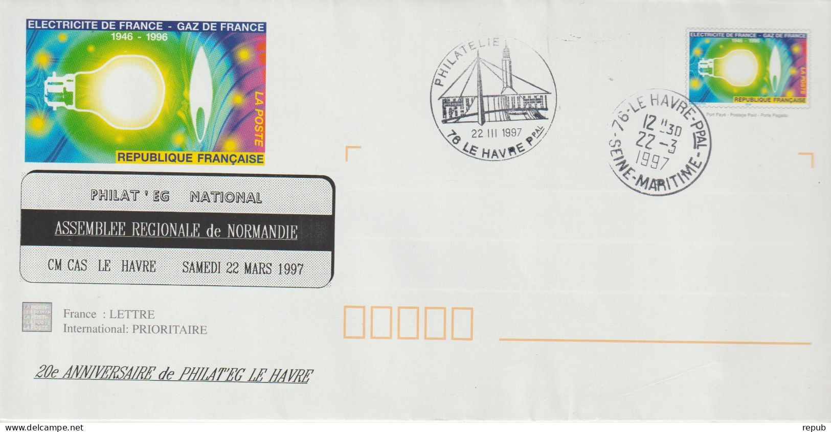 France PAP EDF Repiqué Philat'eg Oblit.le Havre 1997 - PAP:  Varia (1995-...)