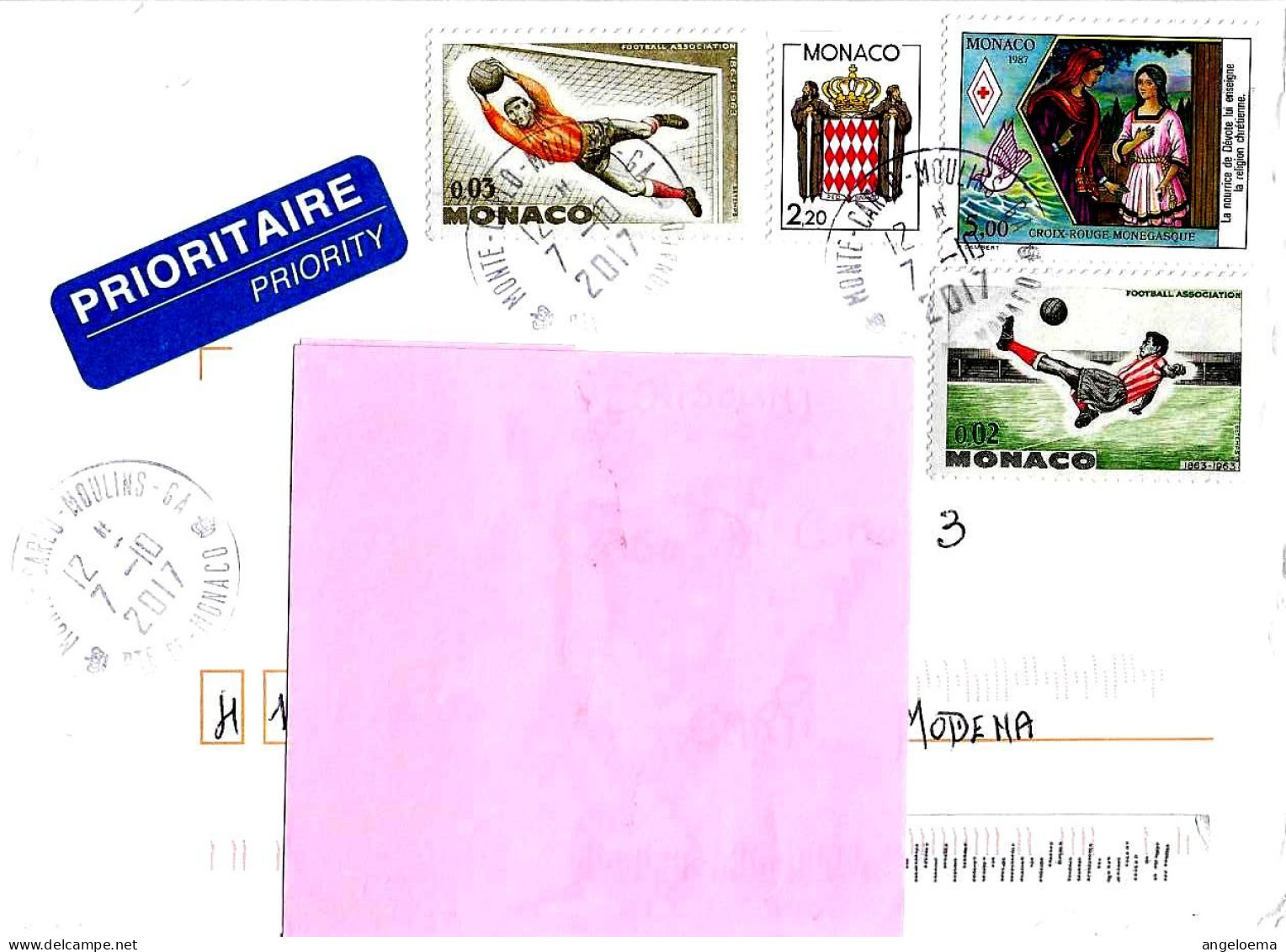 MONACO - 2017 Lettera Prioritaria Per L'Italia Con 4 Francobolli (2 Calcio, Santa Devota, Stemma) - 3769 - Storia Postale