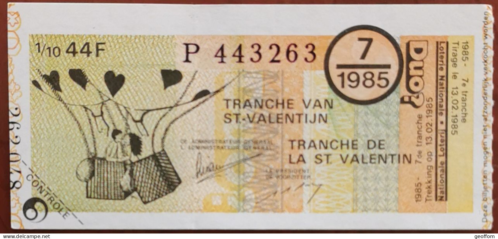 Billet De Loterie Nationale Belgique 1985 7e Tranche De La Saint Valentin - 13-2-1985 - Billetes De Lotería