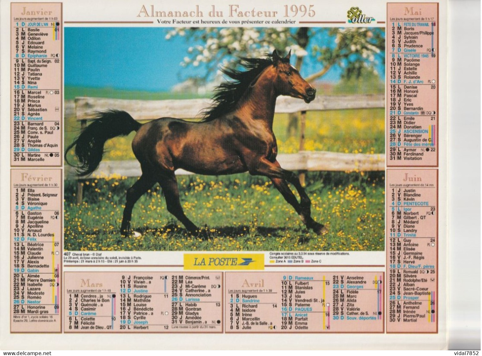 Calendrier-Almanach Des P.T.T 1995 -Cheval Brun - Pur Sang Anglais -Département AIN-01-Référence 407 - Grand Format : 1991-00