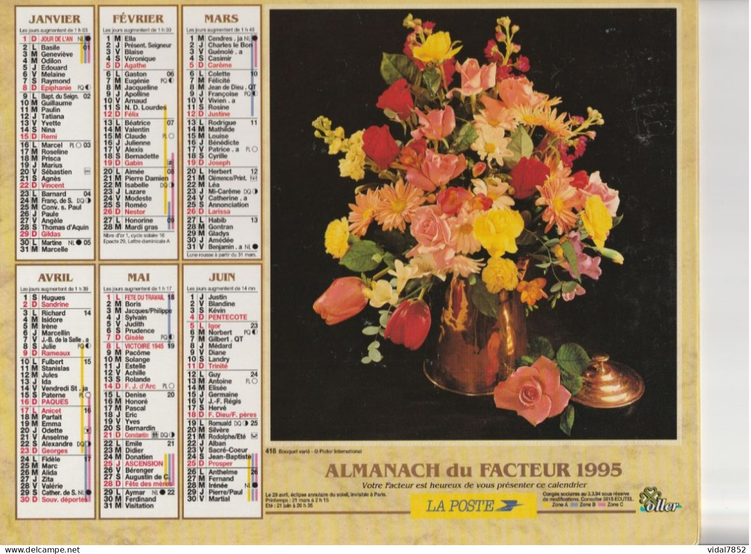 Calendrier-Almanach Des P.T.T 1995 -Bouquet Varié- Panier D'automne -Département AIN-01-Référence 418 - Tamaño Grande : 1991-00