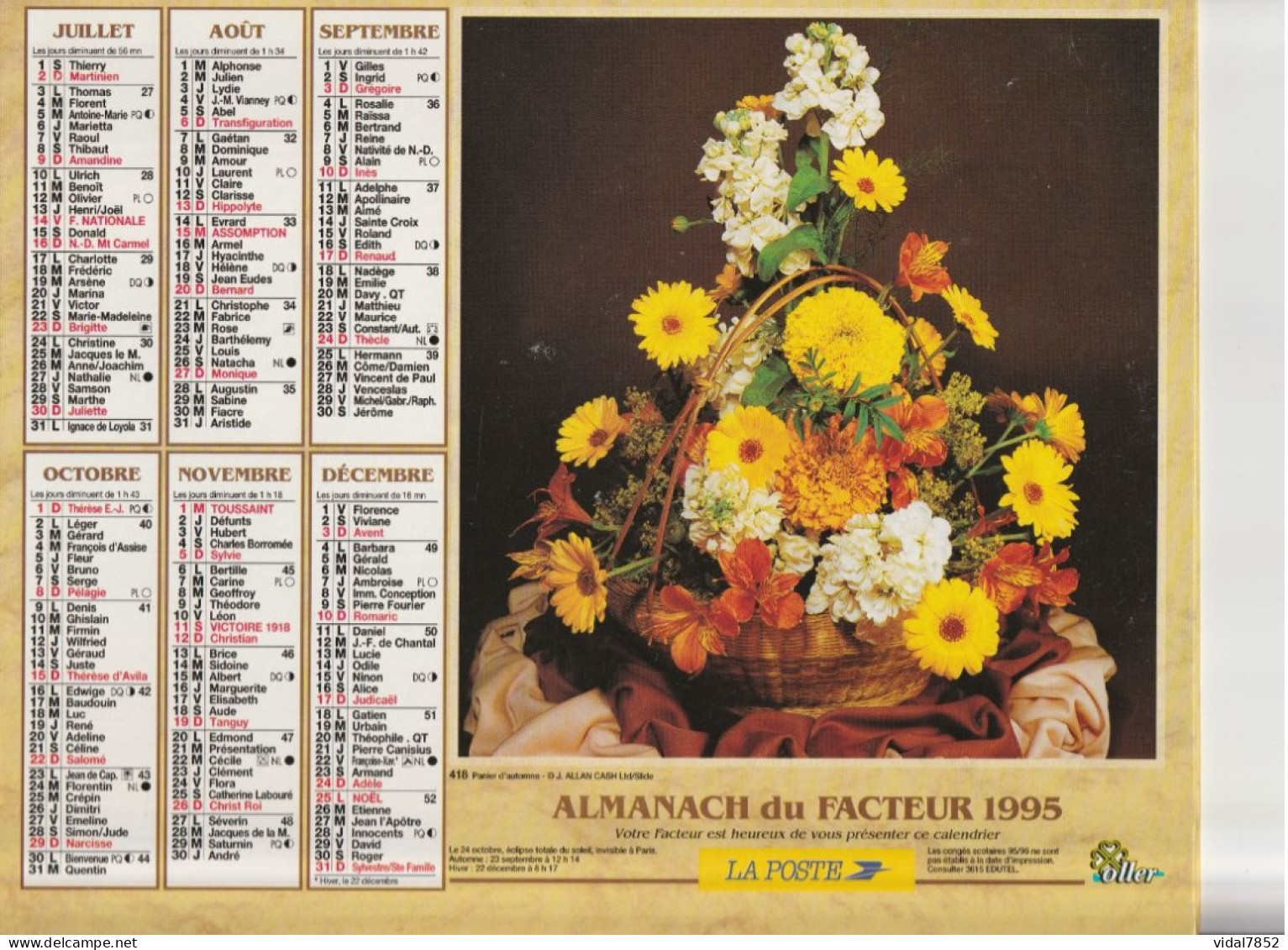 Calendrier-Almanach Des P.T.T 1995 -Bouquet Varié- Panier D'automne -Département AIN-01-Référence 418 - Formato Grande : 1991-00