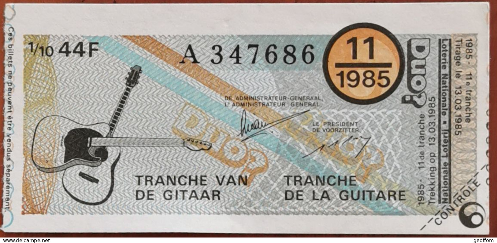 Billet De Loterie Nationale Belgique 1985 11e Tranche De La Guitare - 13-3-1985 - Billetes De Lotería