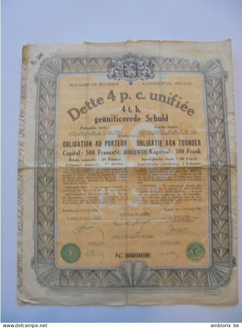 Royaume De Belgique - Dette Unifiée 4 P C - Coupure De 500 Francs - 1936 - Banque & Assurance