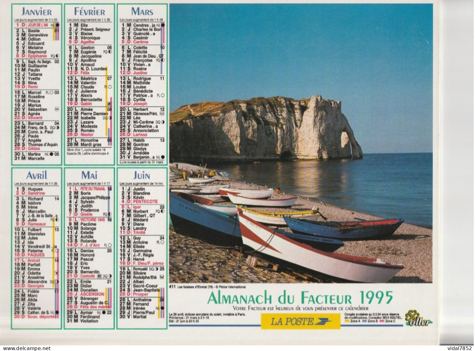 Calendrier-Almanach Des P.T.T 1995 -Les Falaises D'Etretat-Le Port D'Audierne -Département AIN-01-Référence 411 - Tamaño Grande : 1991-00