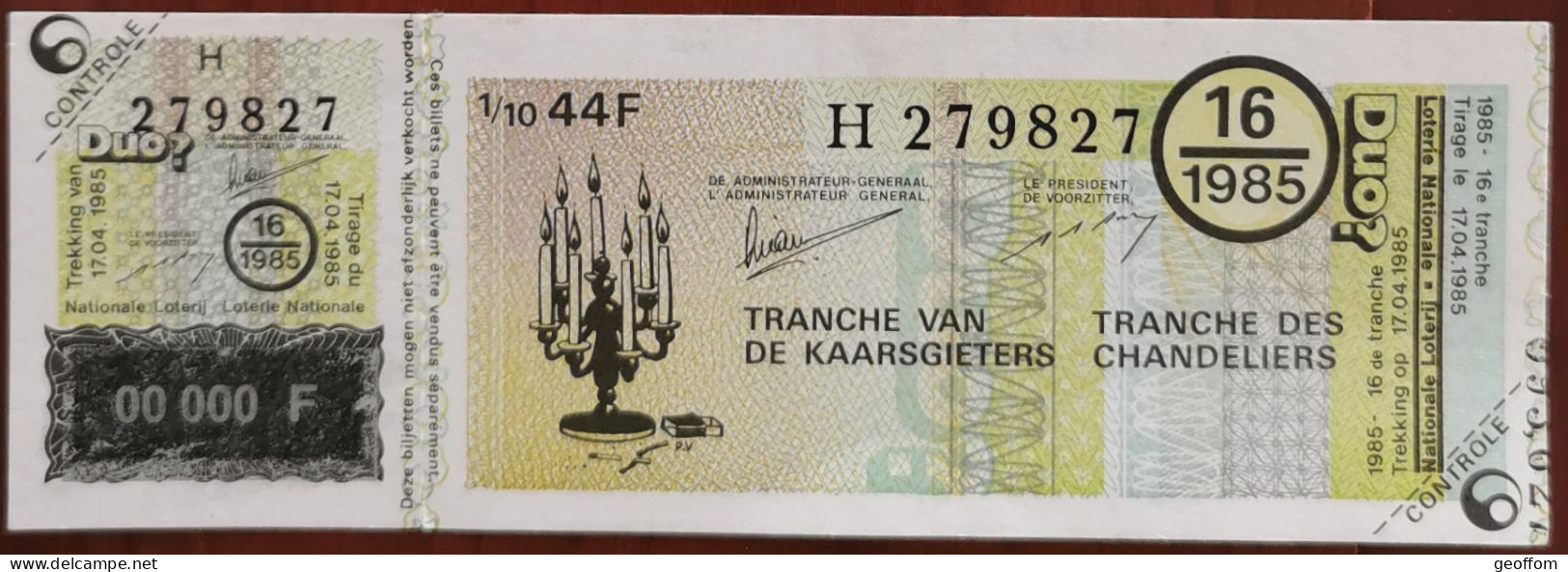 Billet De Loterie Nationale Belgique 1985 16e Tranche Des Chandeliers - 17-4-1985 - Billetes De Lotería