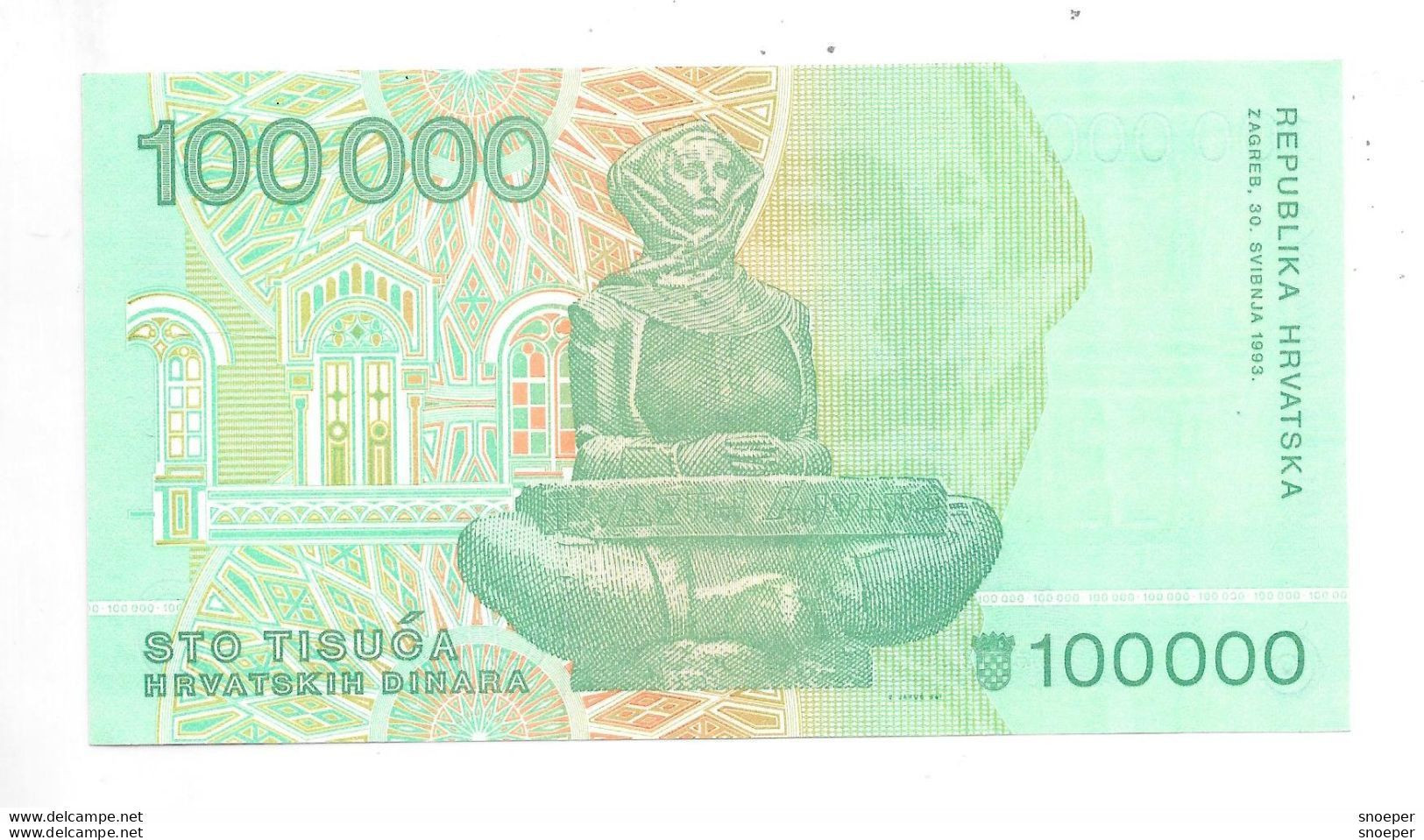 *croatia 100000 Dinara 1993 Km 27 Unc - Croazia