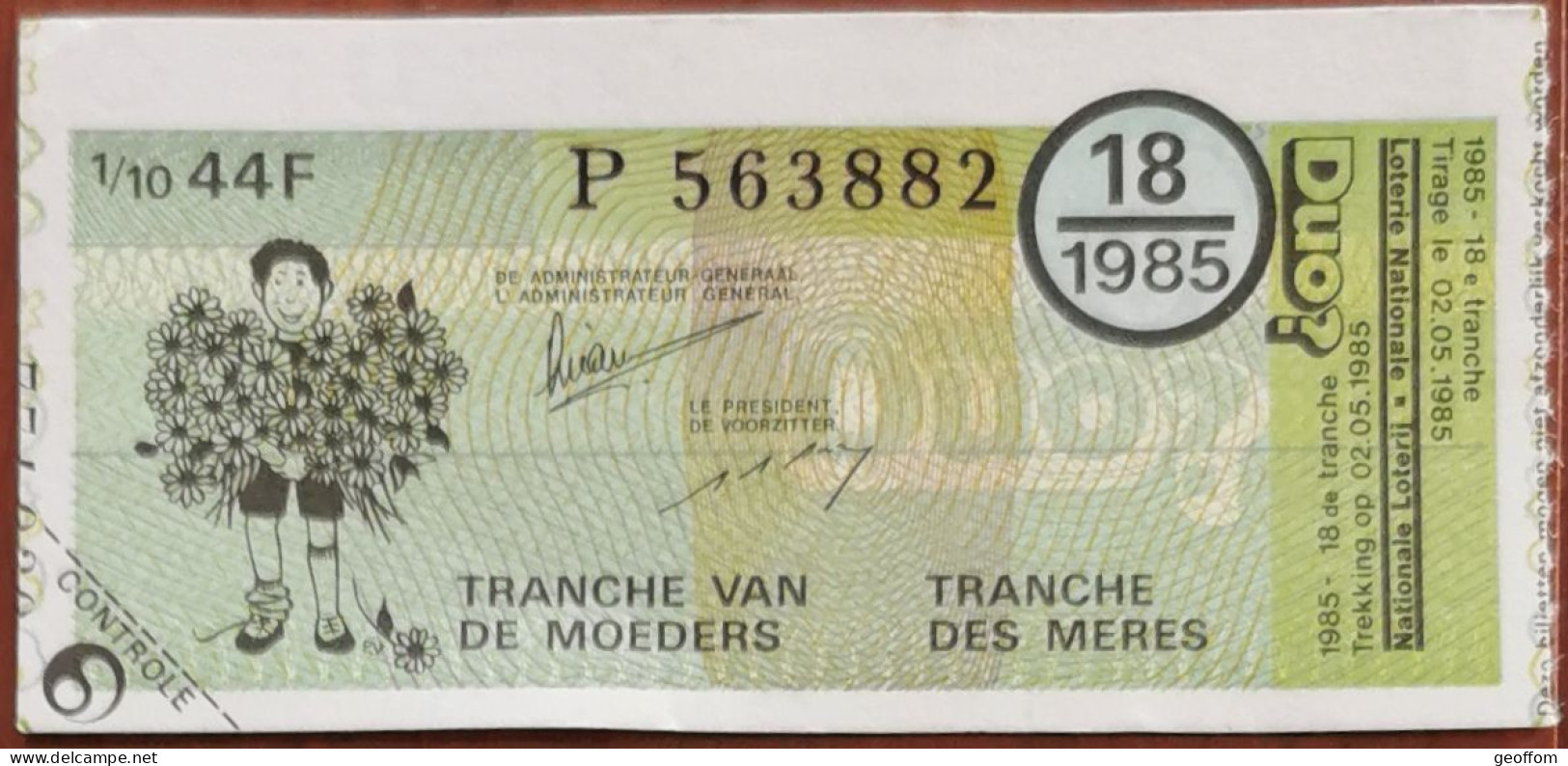 Billet De Loterie Nationale Belgique 1985 18e Tranche Des Mères - 2-5-1985 - Billetes De Lotería