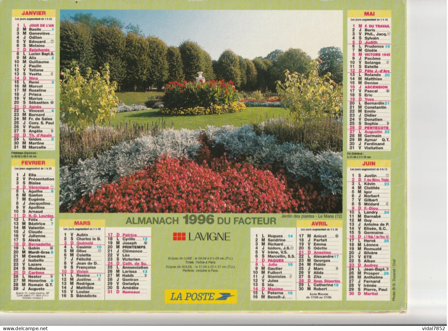 Calendrier-Almanach Des P.T.T 1996 -Jardin Des Plantes - Le Mans (72)- Jardin Public-Loches (37)Département AIN-01 - Grand Format : 1991-00