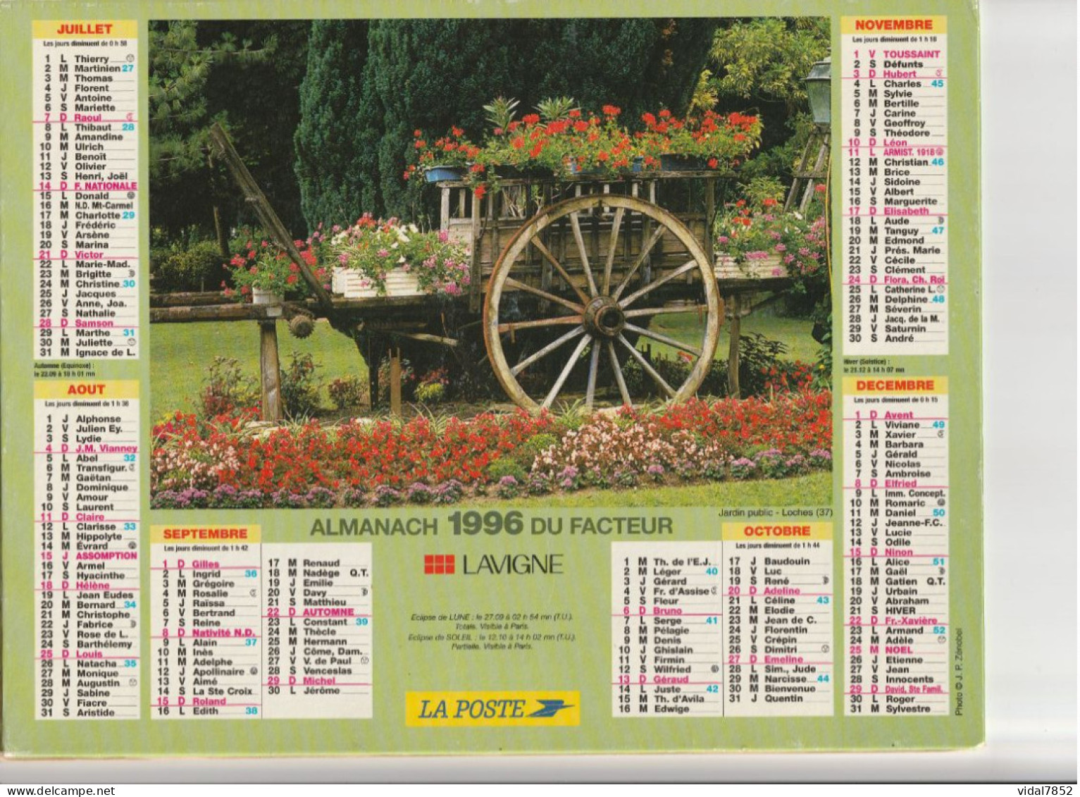 Calendrier-Almanach Des P.T.T 1996 -Jardin Des Plantes - Le Mans (72)- Jardin Public-Loches (37)Département AIN-01 - Grand Format : 1991-00