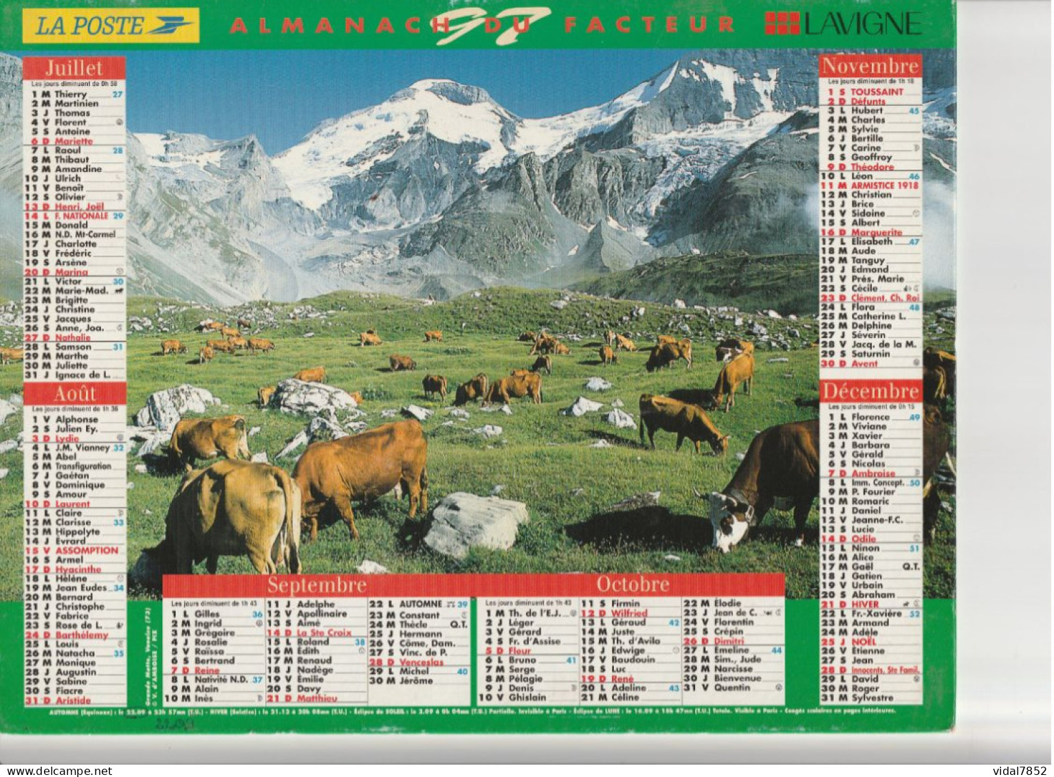 Calendrier-Almanach Des P.T.T 1997 -Châlet Fleuri (suisse) Grande Motte Vanoise (73)Département AIN-01 - Formato Grande : 1991-00