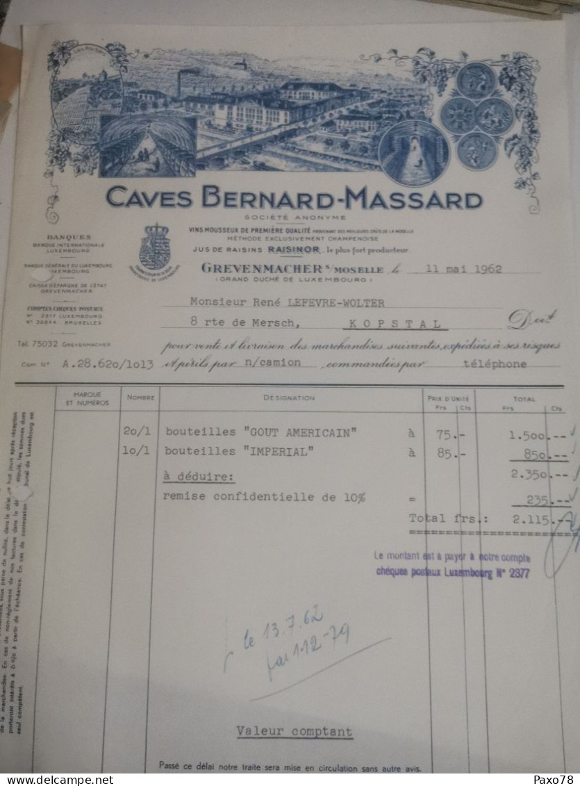 Luxembourg Facture, Caves Bernard Massard, Grevenmacher 1962 - Luxembourg