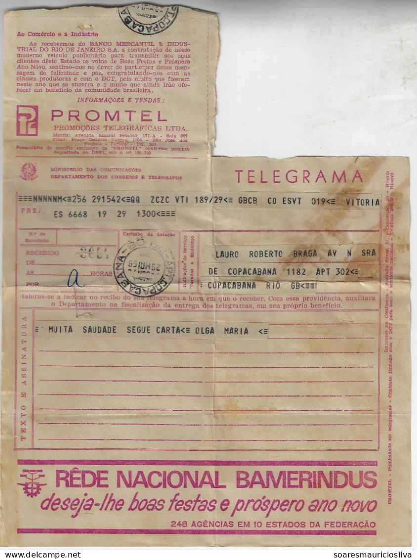 Brazil 1969 Telegram To Copacabana Authorized Advertising Bamerindus Mercantile Industrial Bank Rio De Janeiro Gear Tree - Brieven En Documenten