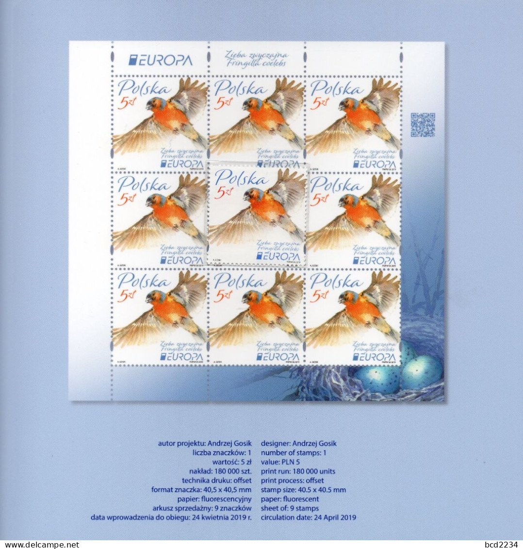 POLAND 2019 POLISH POST OFFICE LIMITED EDITION FOLDER: EUROPA CEPT CHAFFINCH FRINGILLA COELEBS BIRDS EGGS NEST - Covers & Documents