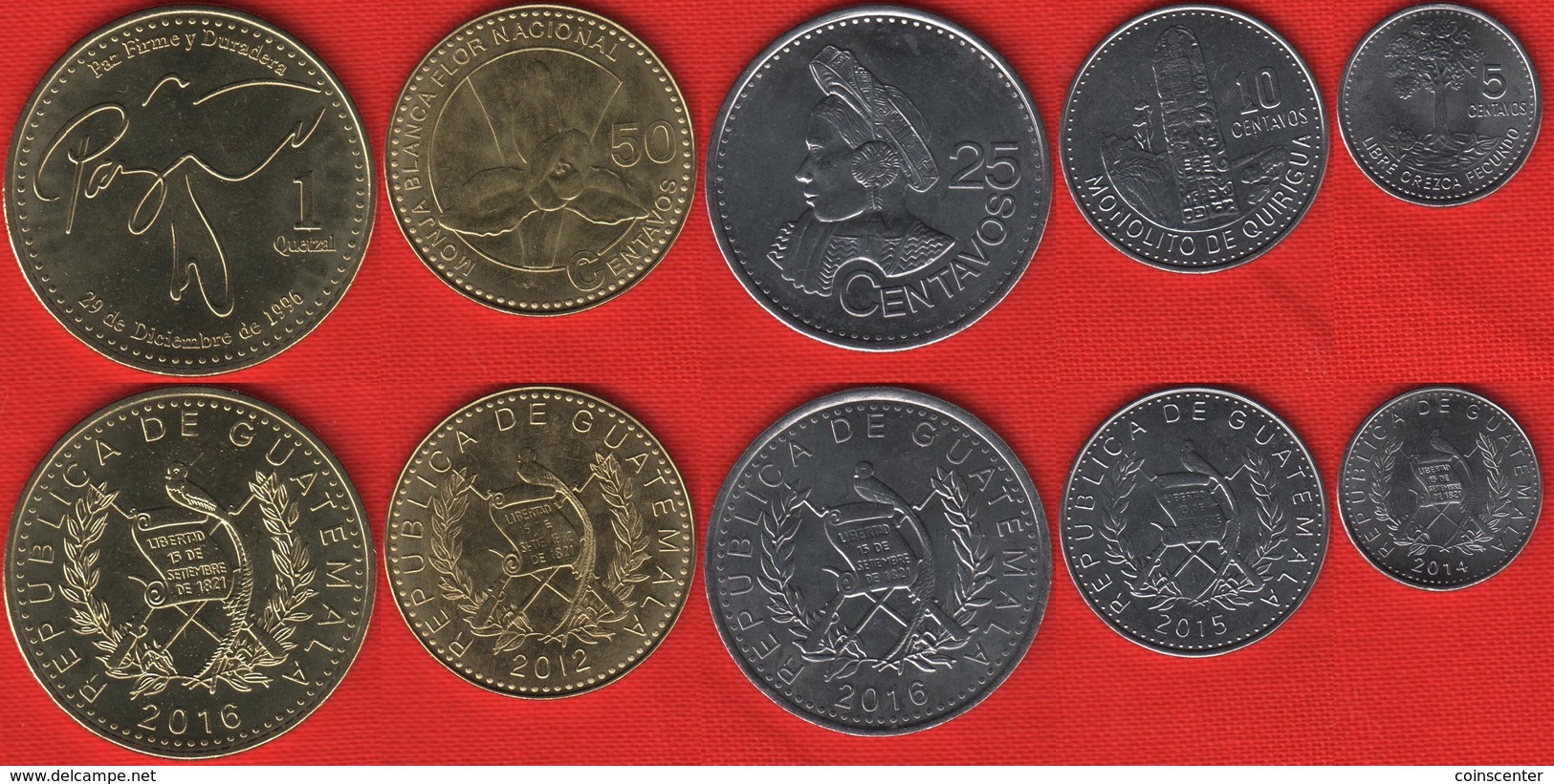 Guatemala Set Of 5 Coins: 5 Centavos - 1 Quetzal 2012-2016 UNC - Guatemala