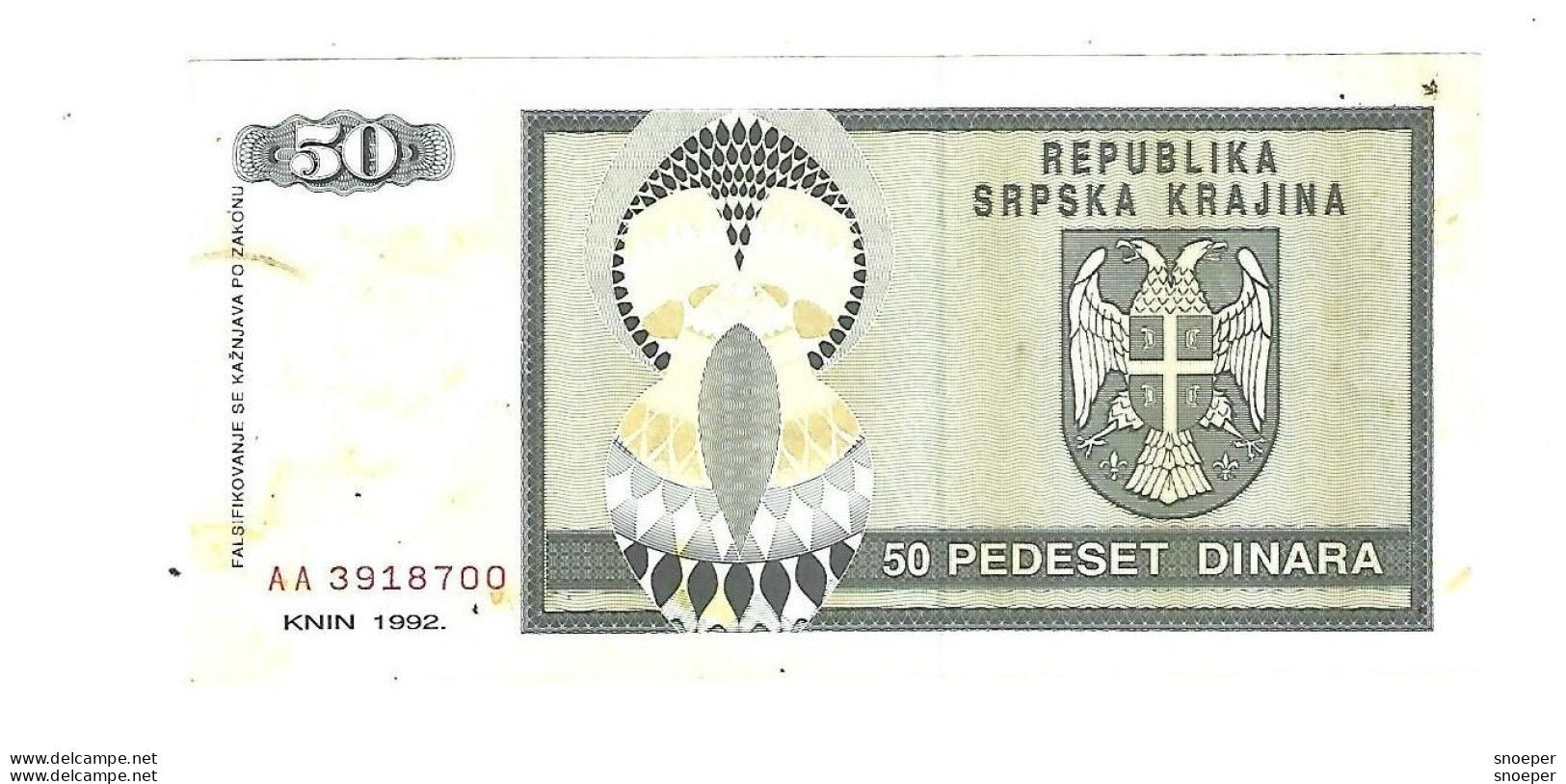 *croatia Krajina 50 Dinara 1992    R2 - Croatie