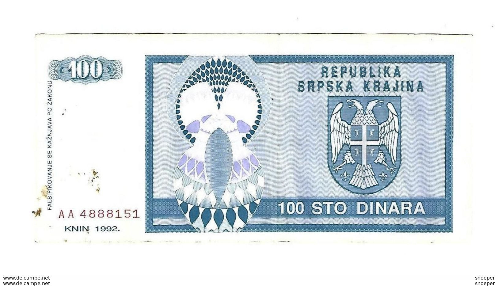 Croatia   Krajina 100 Dinara 1992  R3 - Kroatien
