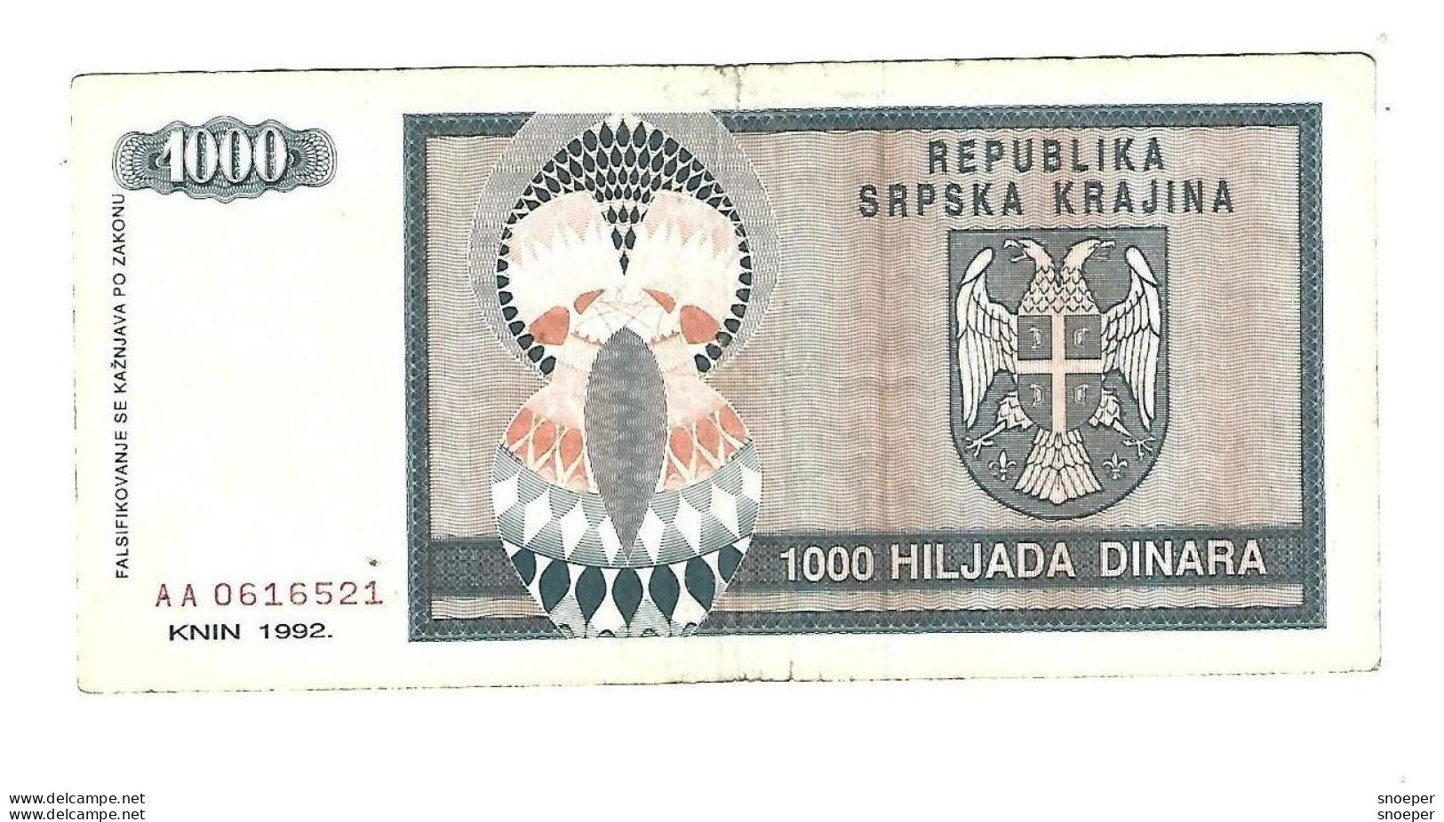 Croatia   Krajina 1000 Dinara 1992  R5 - Kroatien