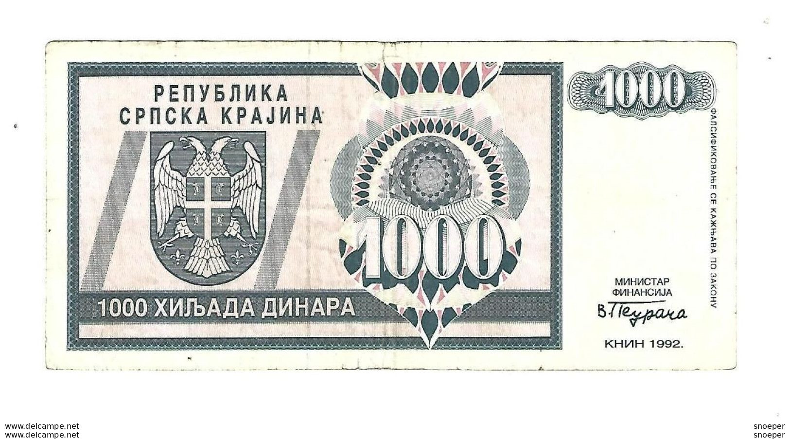 Croatia   Krajina 1000 Dinara 1992  R5 - Kroatien