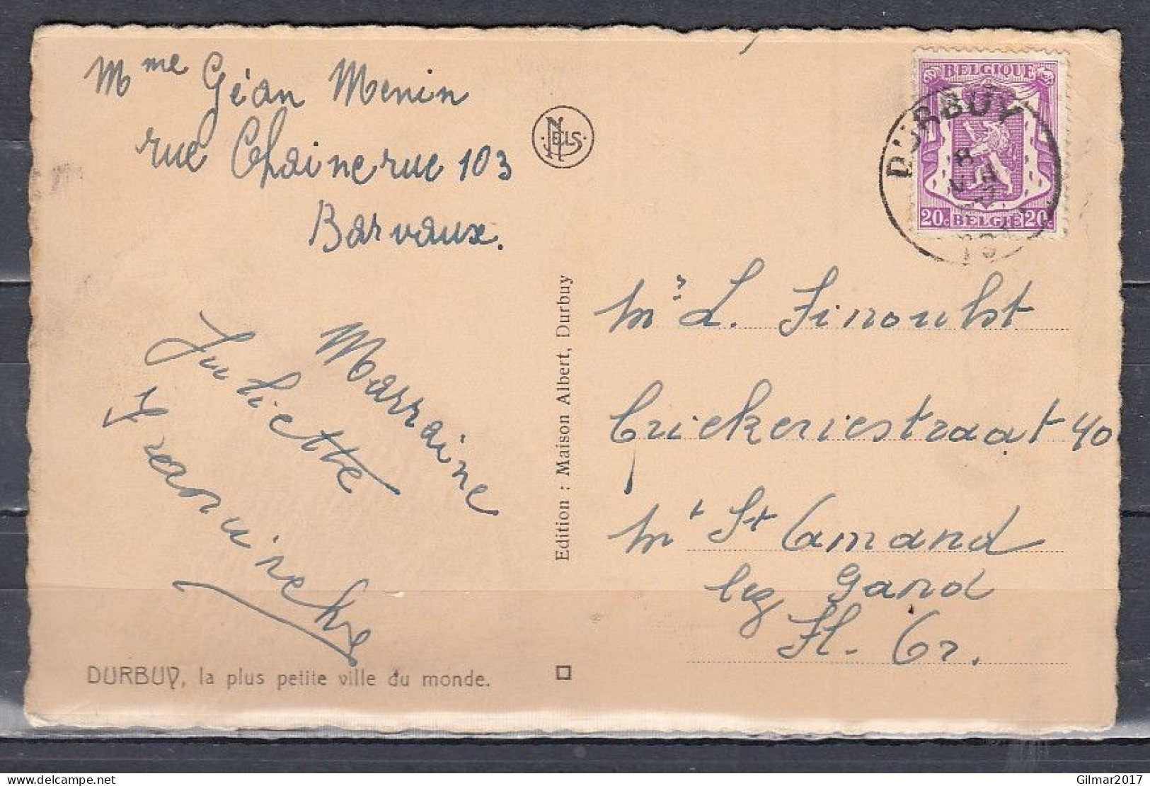 Postkaart Van Durbuy Naar St Amand - 1935-1949 Kleines Staatssiegel